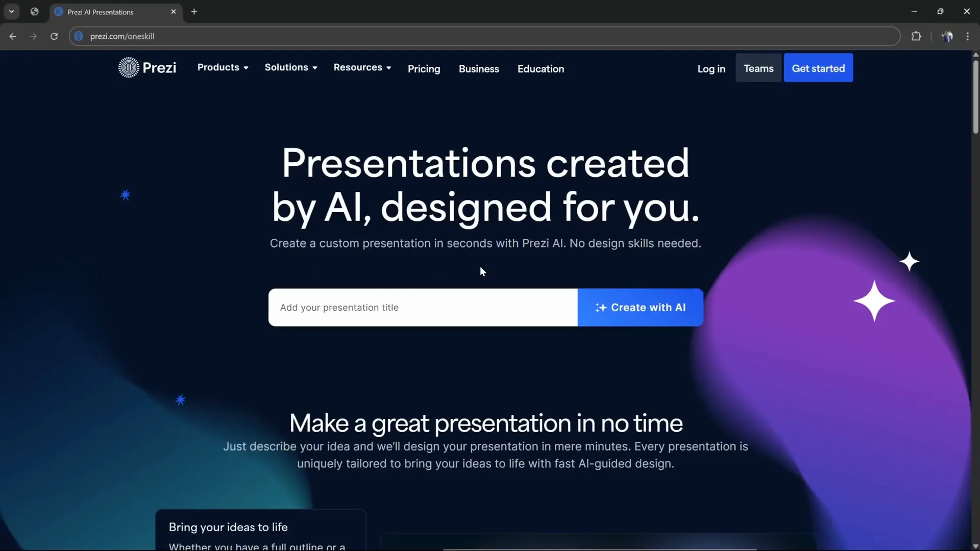 Prezi AI website interface to start creating presentations