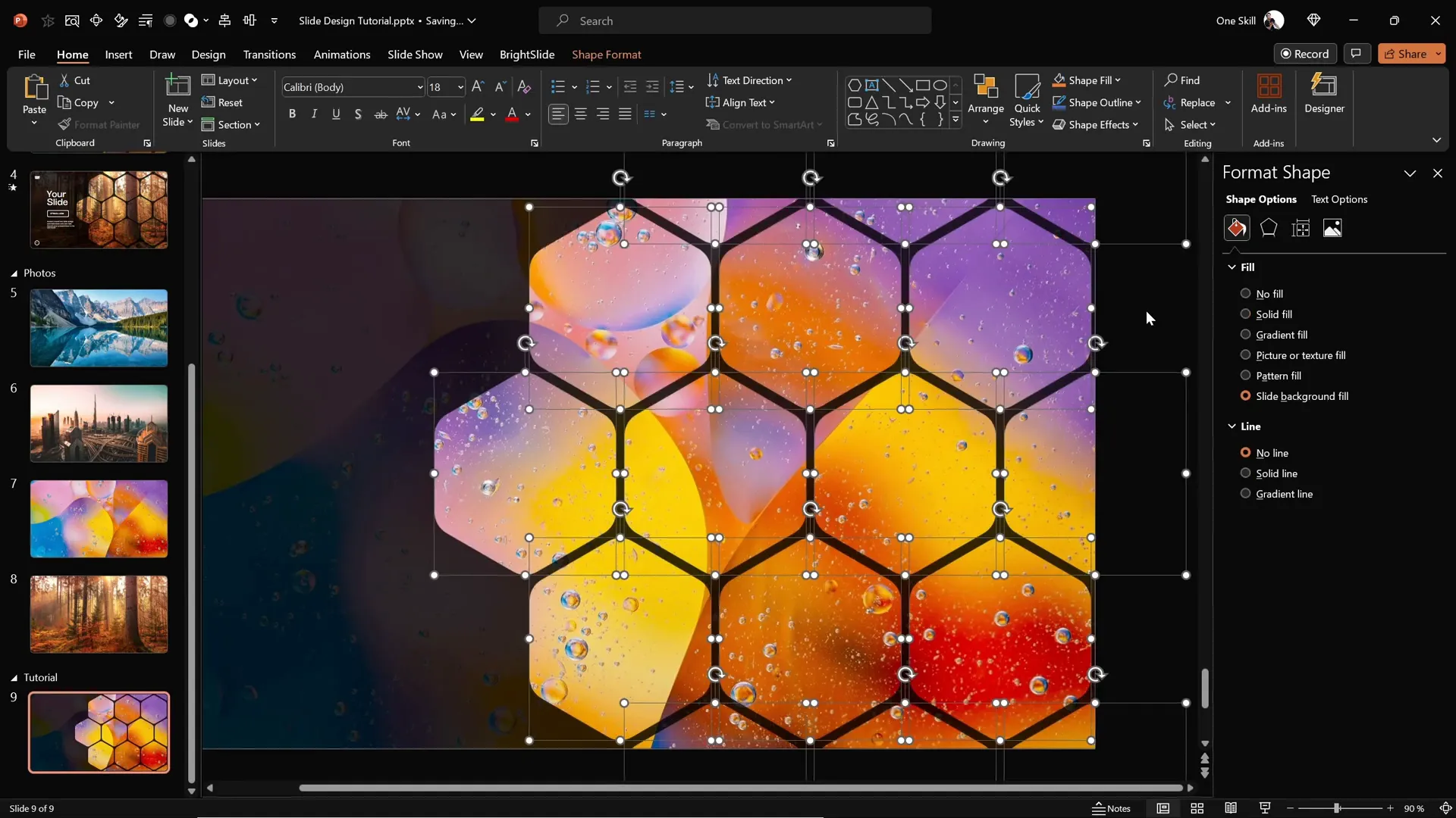 Applying slide background fill to hexagon shapes