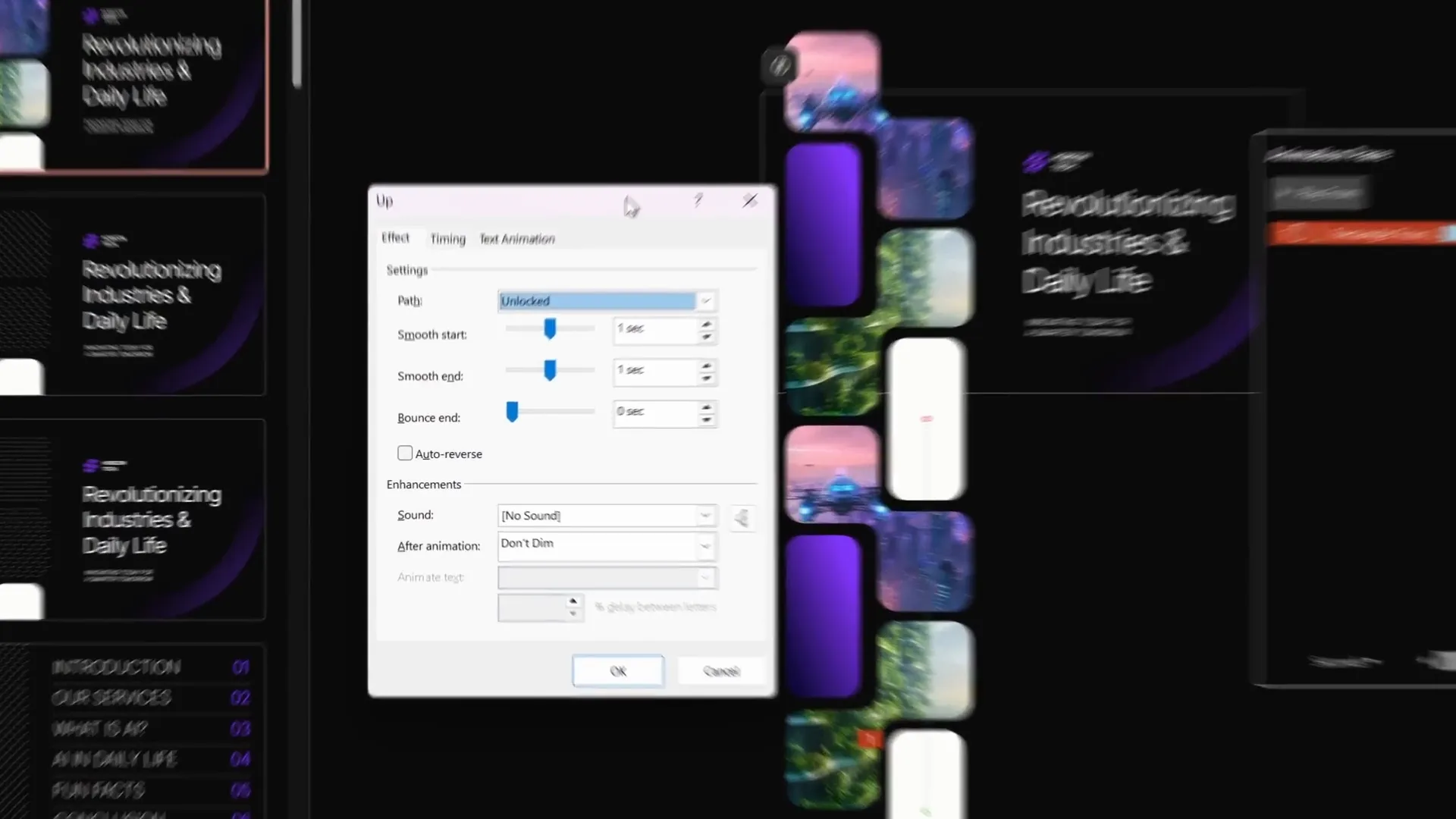 Animation pane settings for infinite scroll