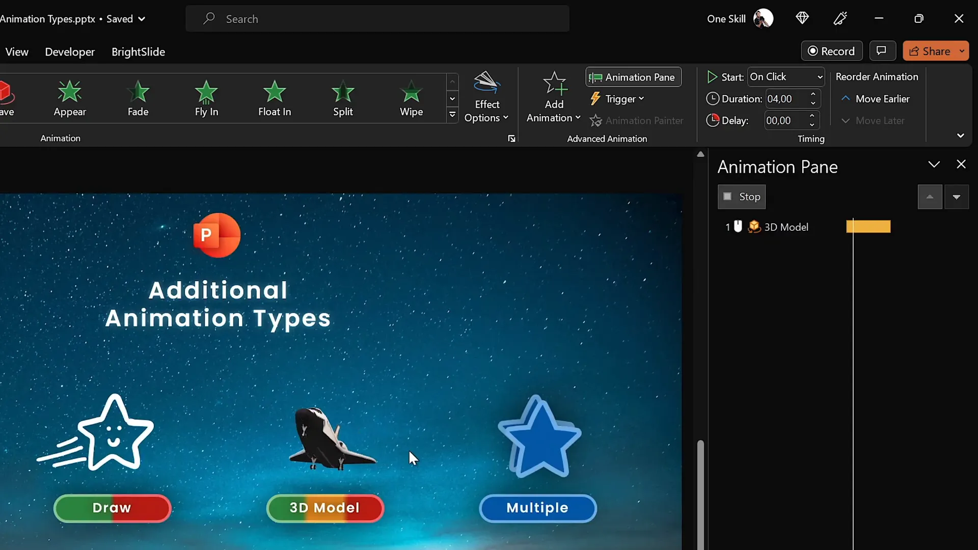Animating a 3D model space shuttle with Turntable animation