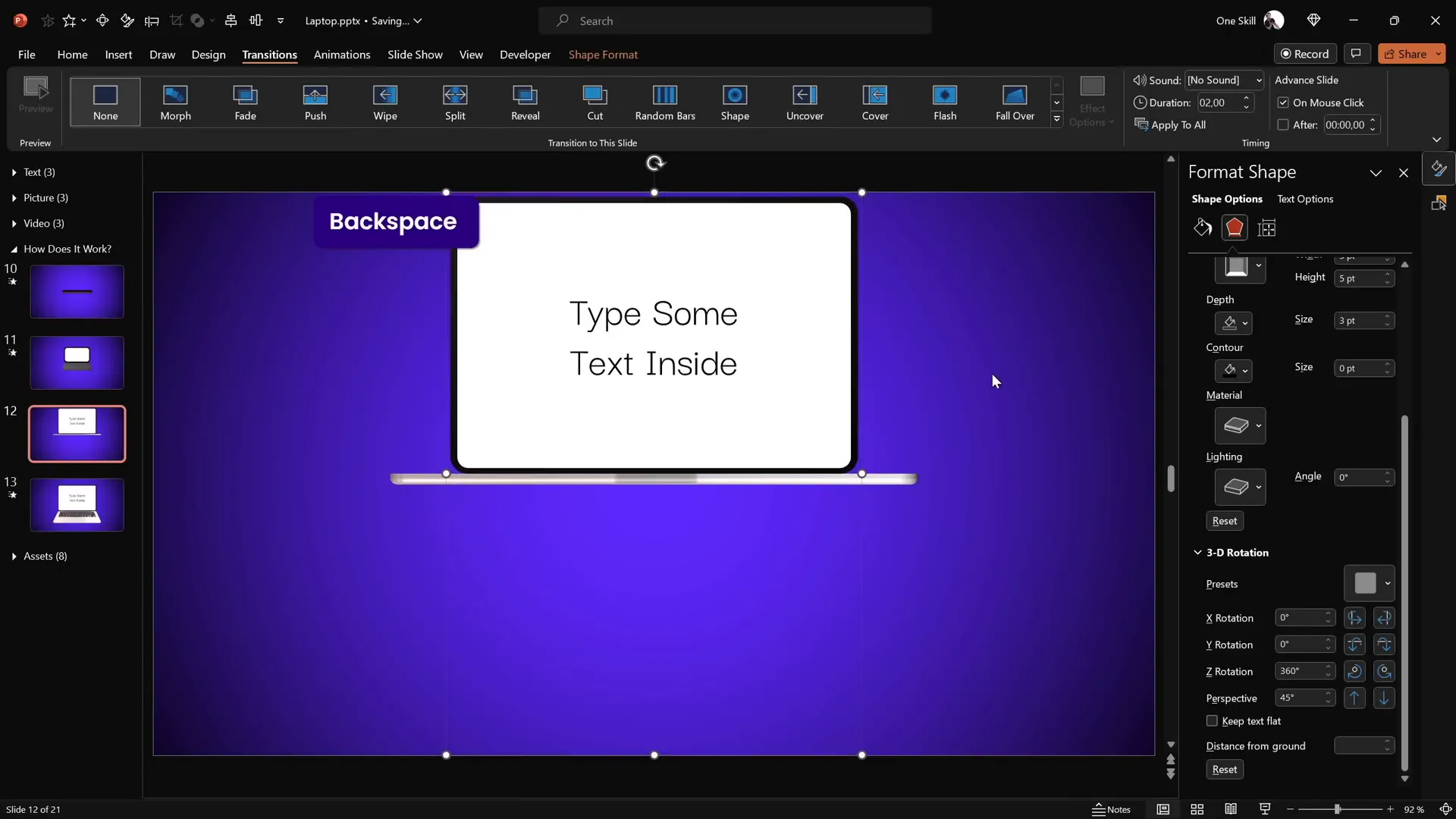Typing custom text inside laptop screen shape