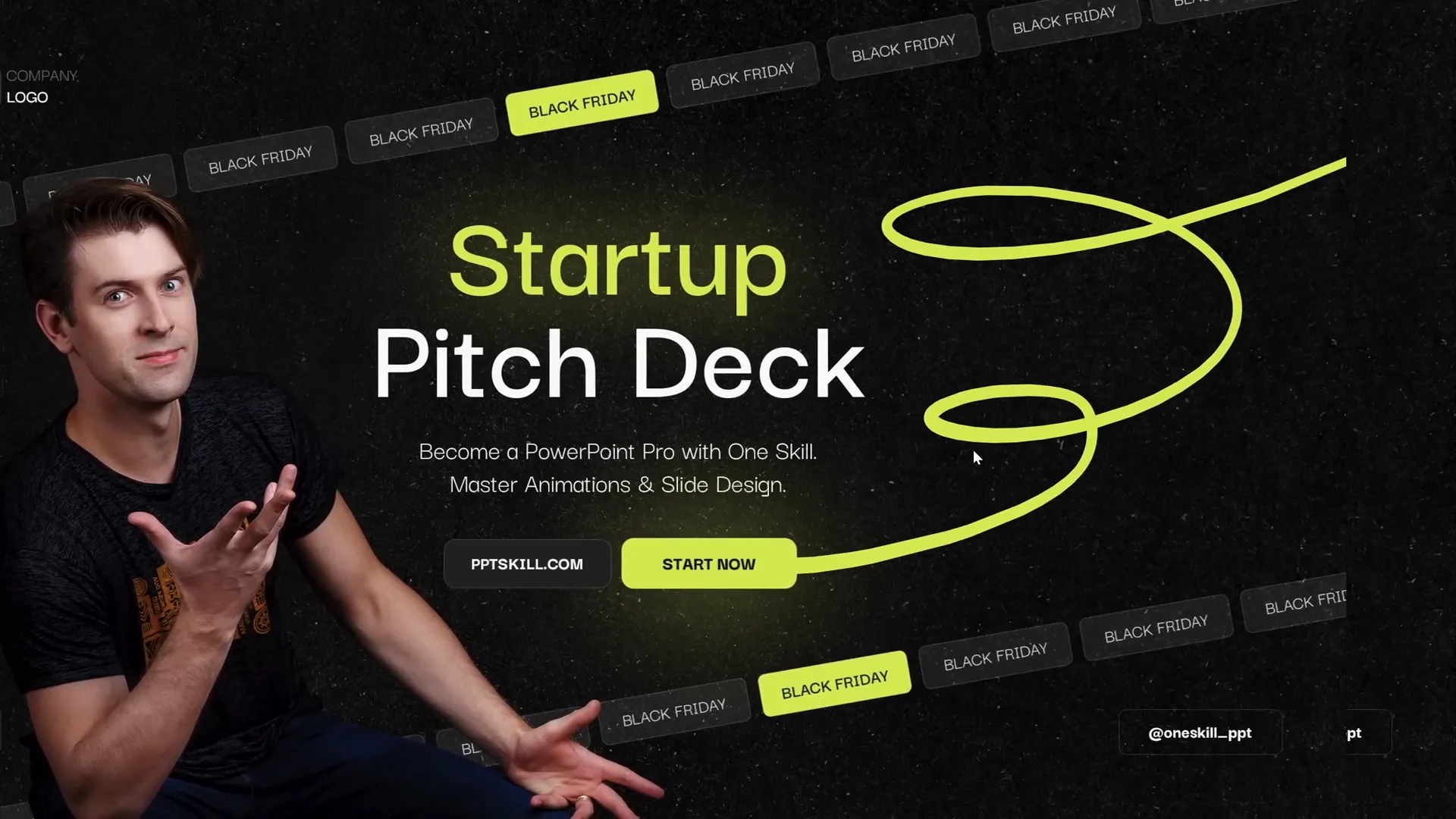 Final animated startup pitch deck slide with scrolling bars, pulsing button, and scribble