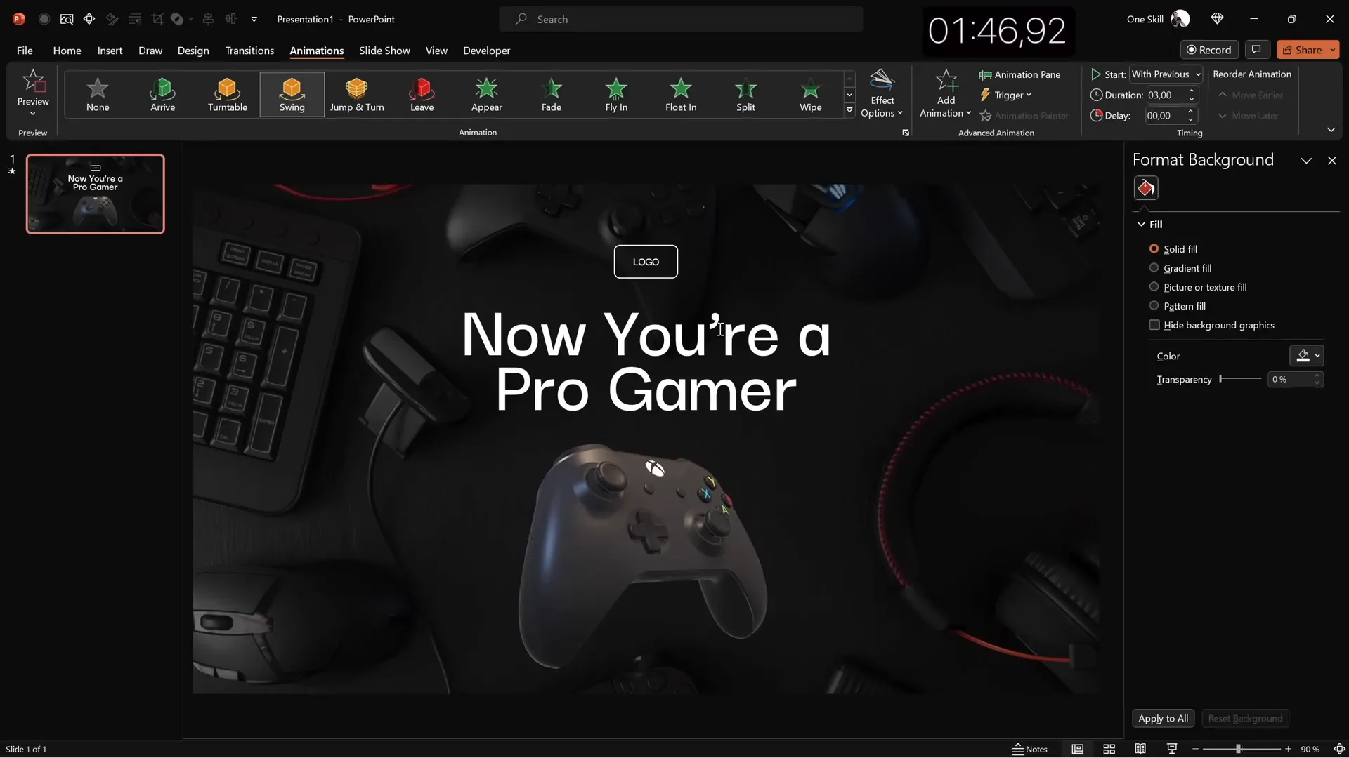 Gamer slide with dark background, large white title, logo, and swinging 3D controller