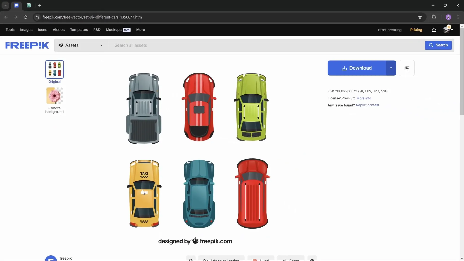 Freepik website showing six car illustrations including the taxi