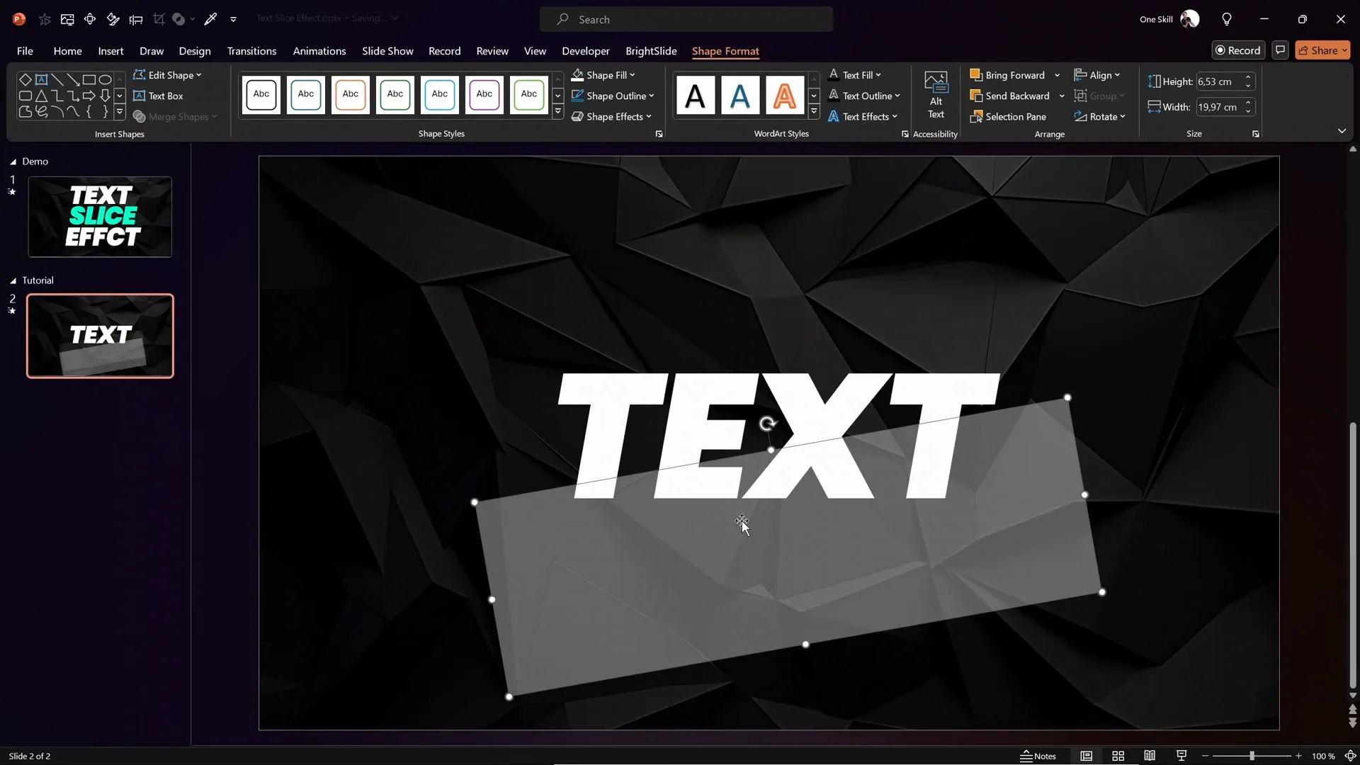 Semi-transparent rotated rectangle positioned over text for slicing
