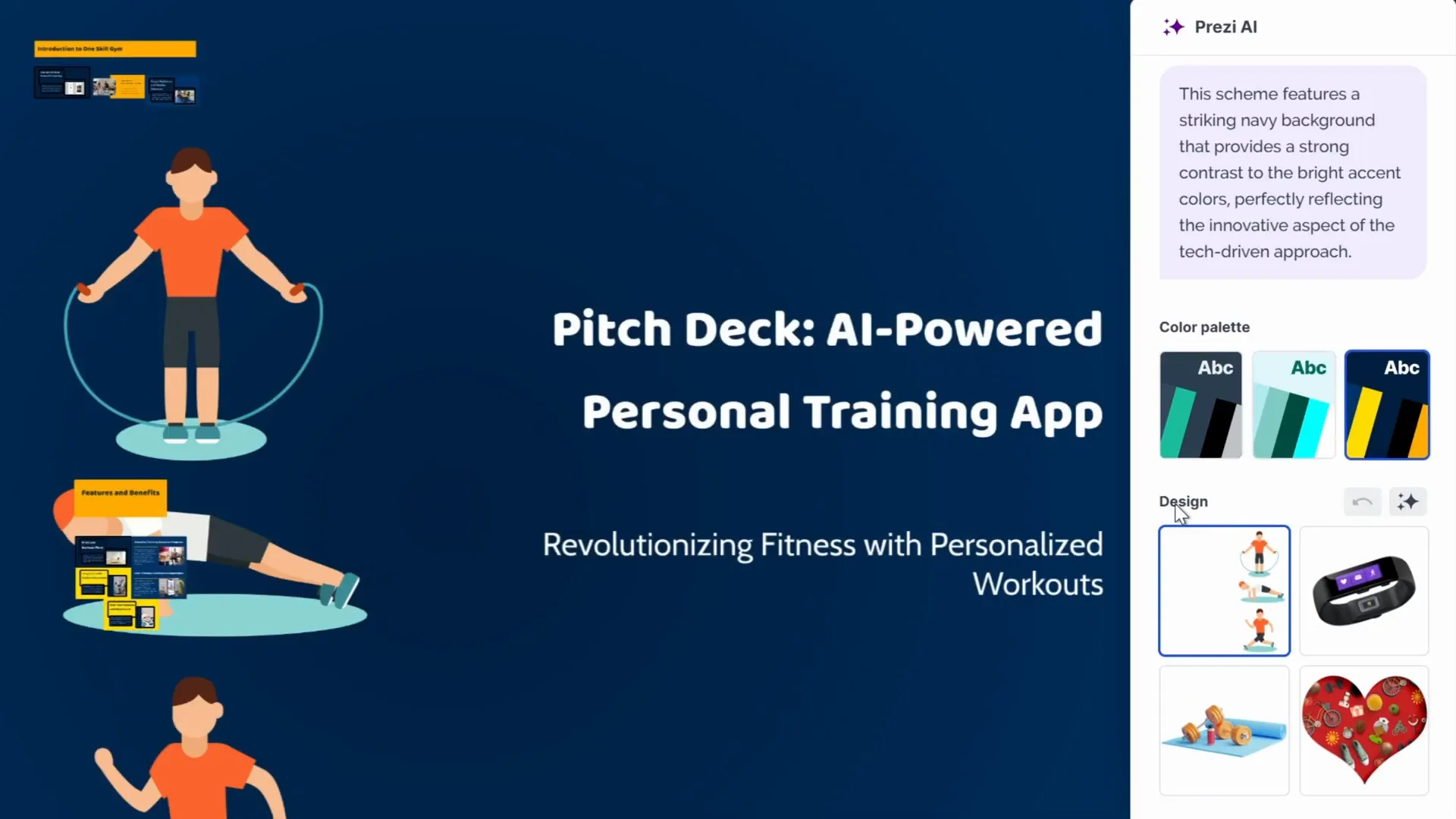 Color palette and illustration design options in Prezi AI