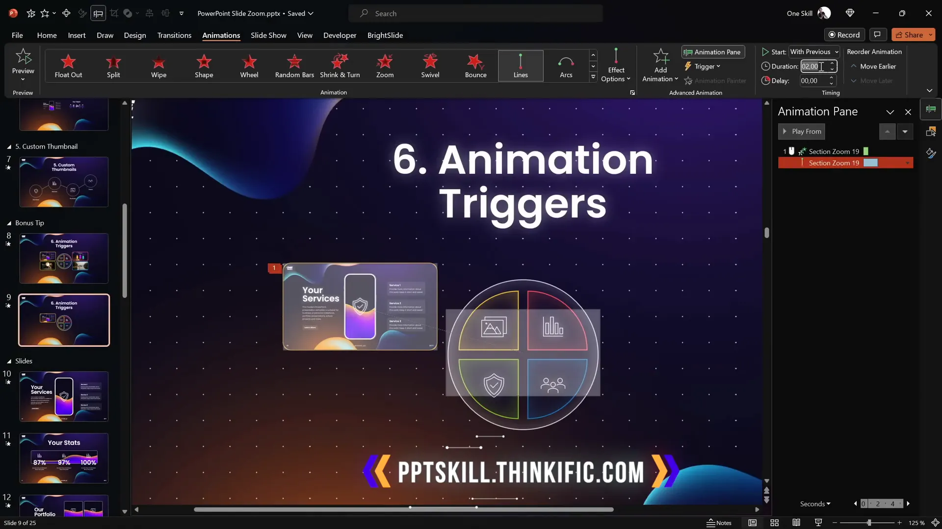 Animation pane setup for section zoom with triggers