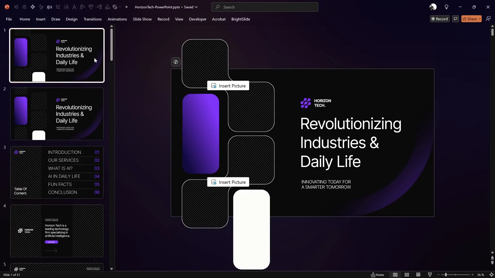 Normal view of the first slide in the template