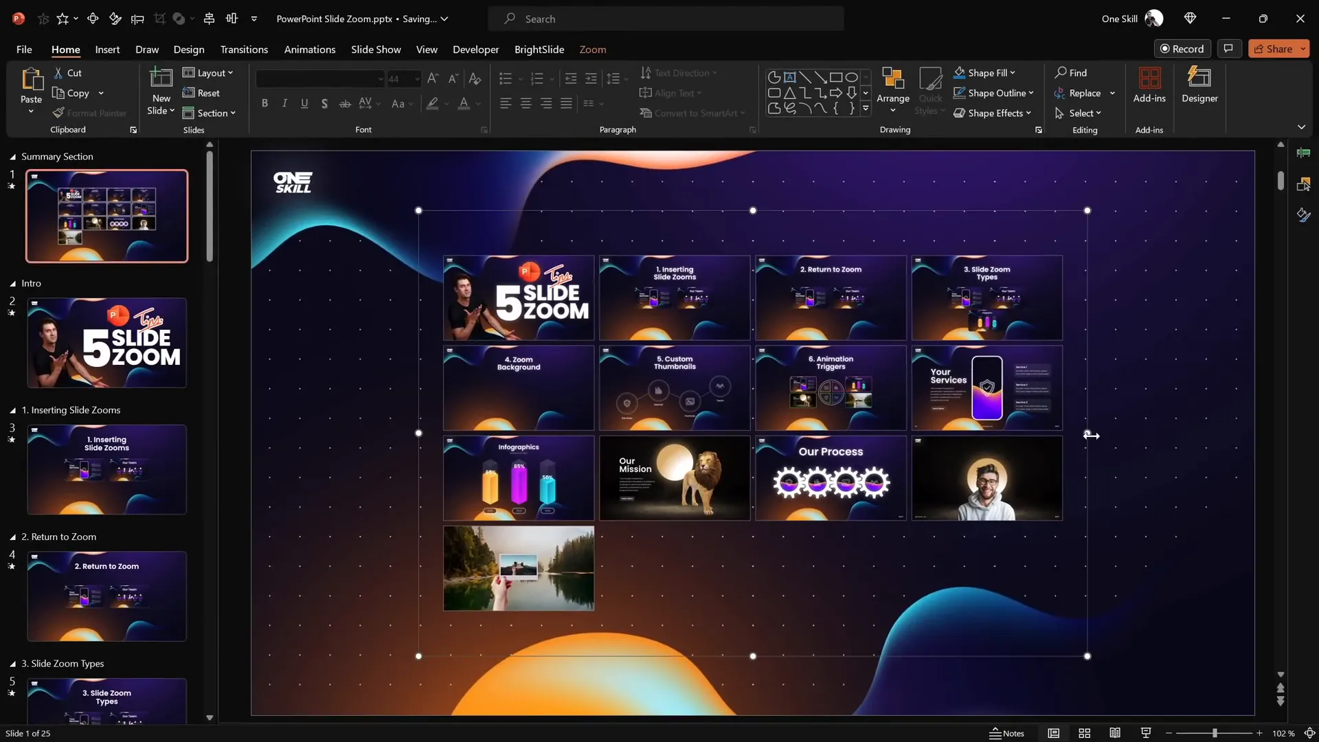Summary Zoom dashboard with section thumbnails