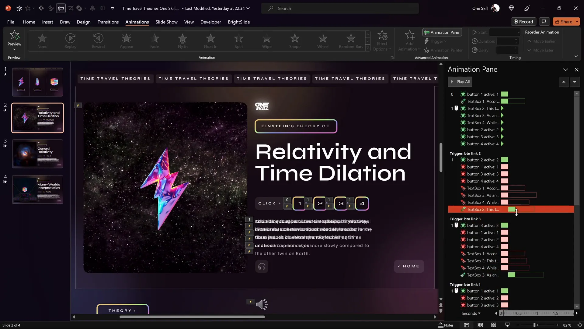 Animation pane showing entrance and exit animations for interactive menu