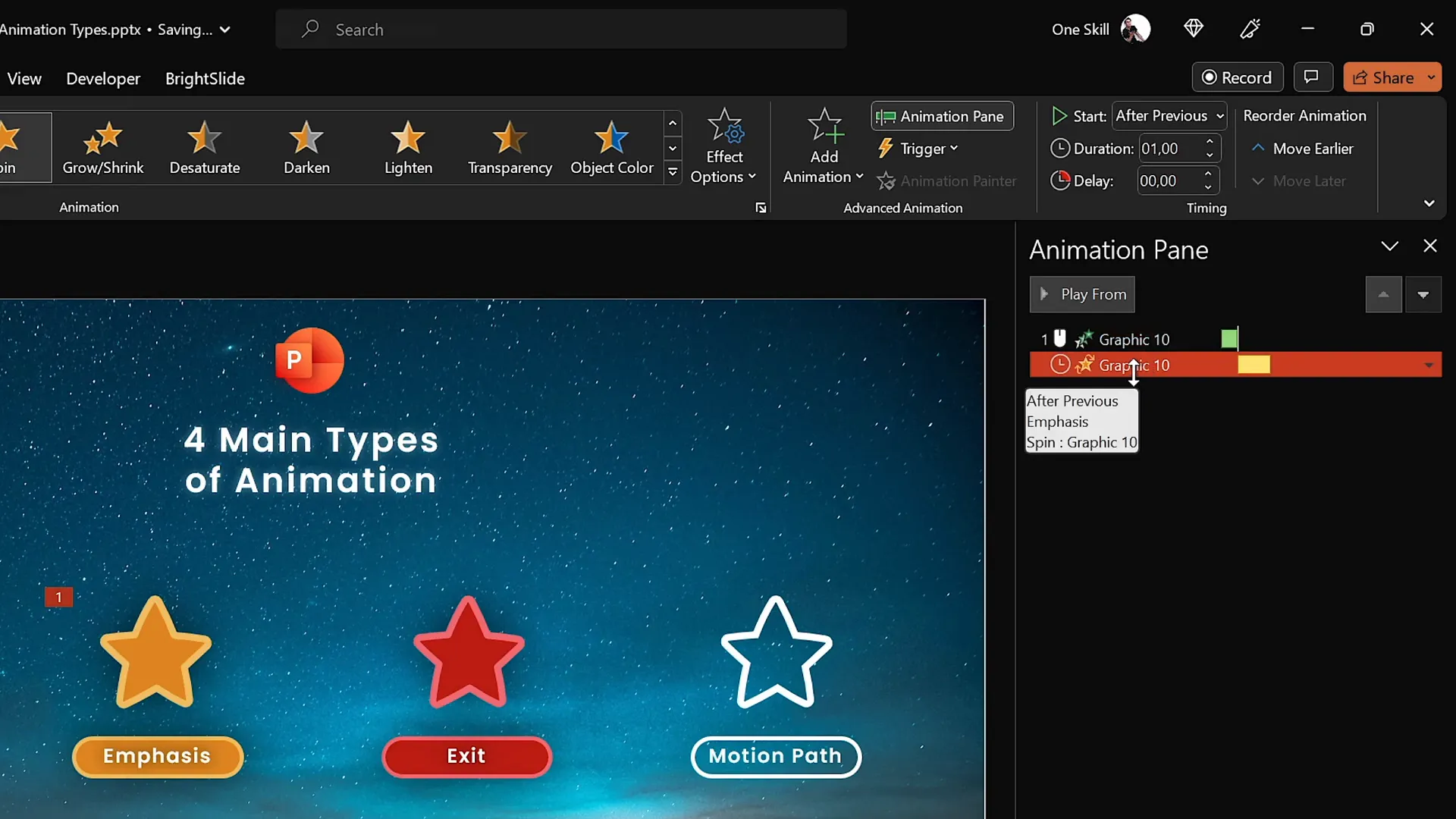 Animation pane showing multiple animations and timing options