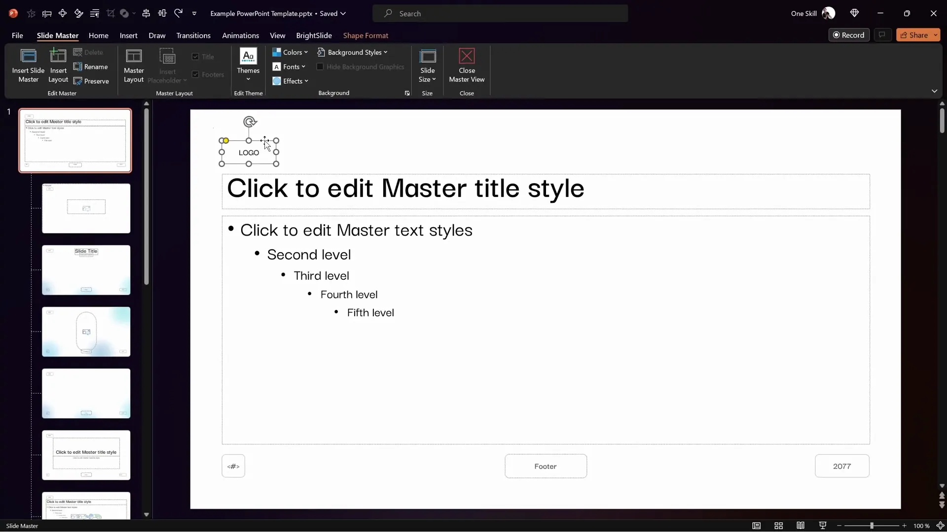 Slide master view showing logo position and layouts