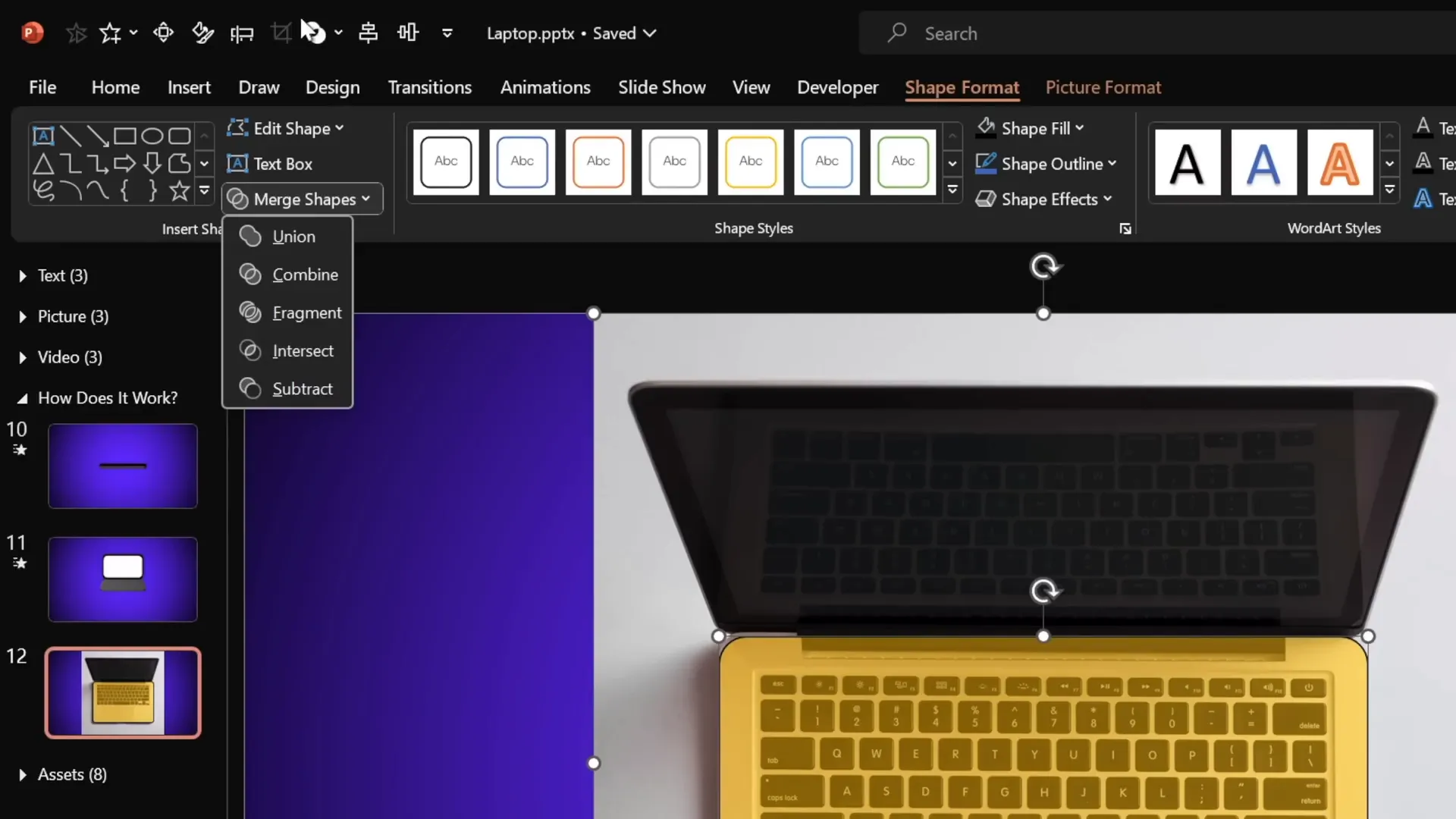 Cropping the keyboard from the laptop photo using merge shapes