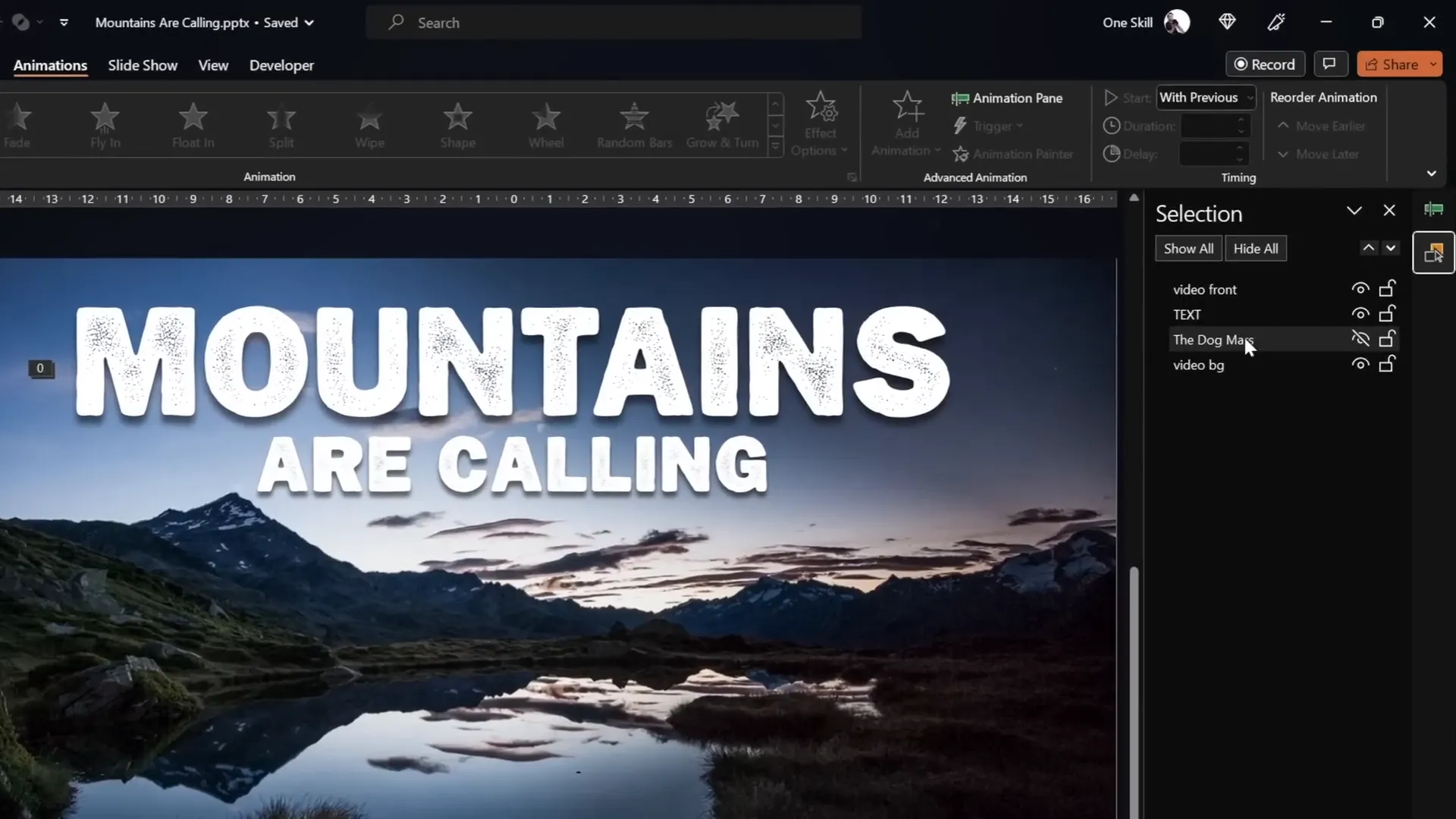 Final preview of animated text rising and disappearing behind mountains