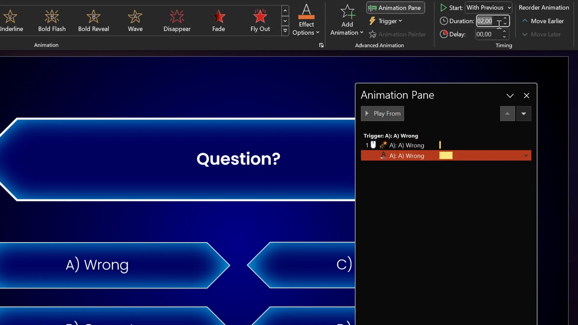 Adding font color animation to keep text visible on wrong answer