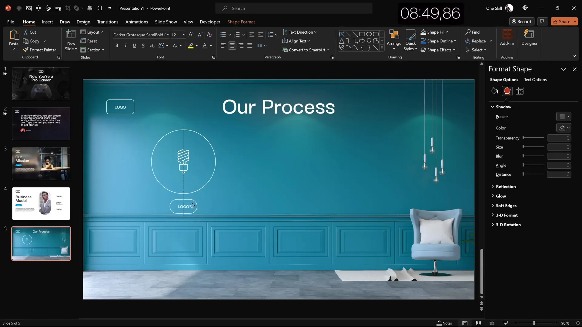Process infographic slide with circles and icons on wall background