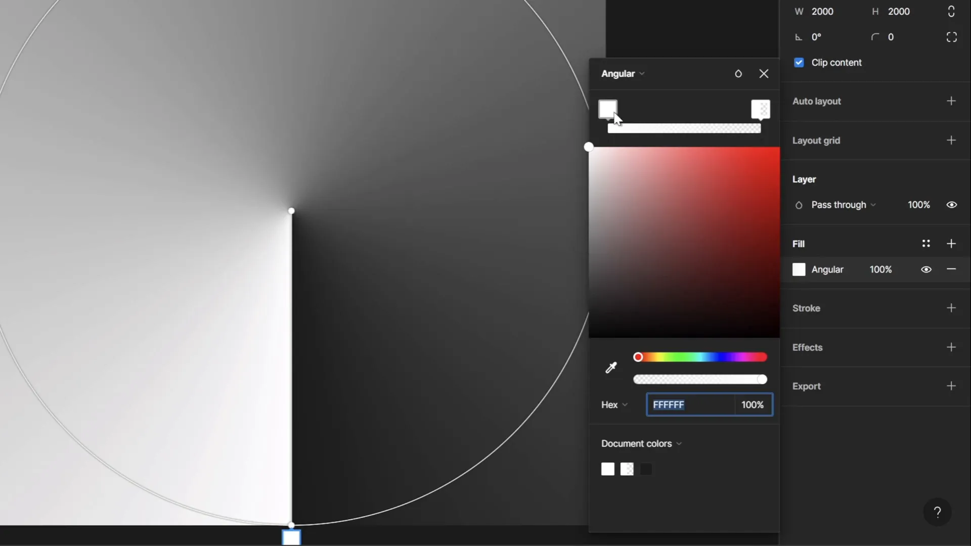 Figma showing angular gradient fill with white and transparent stops