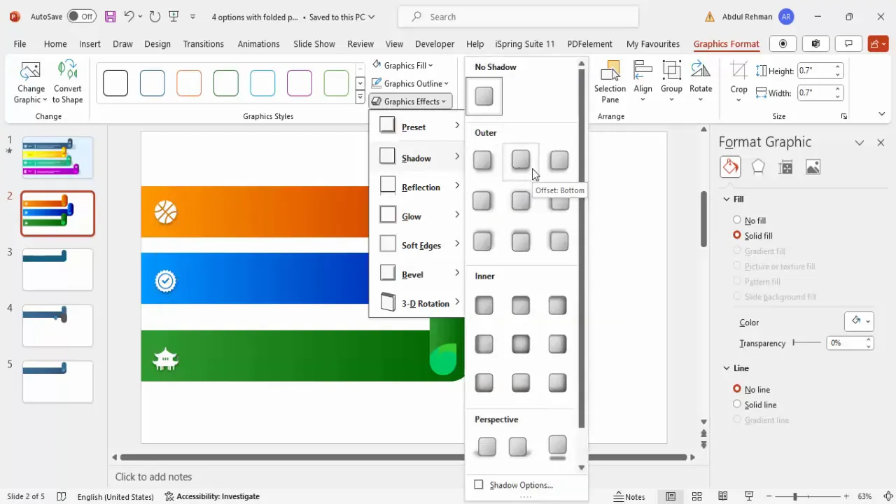 Adding white icons with shadow effects to folded paper options