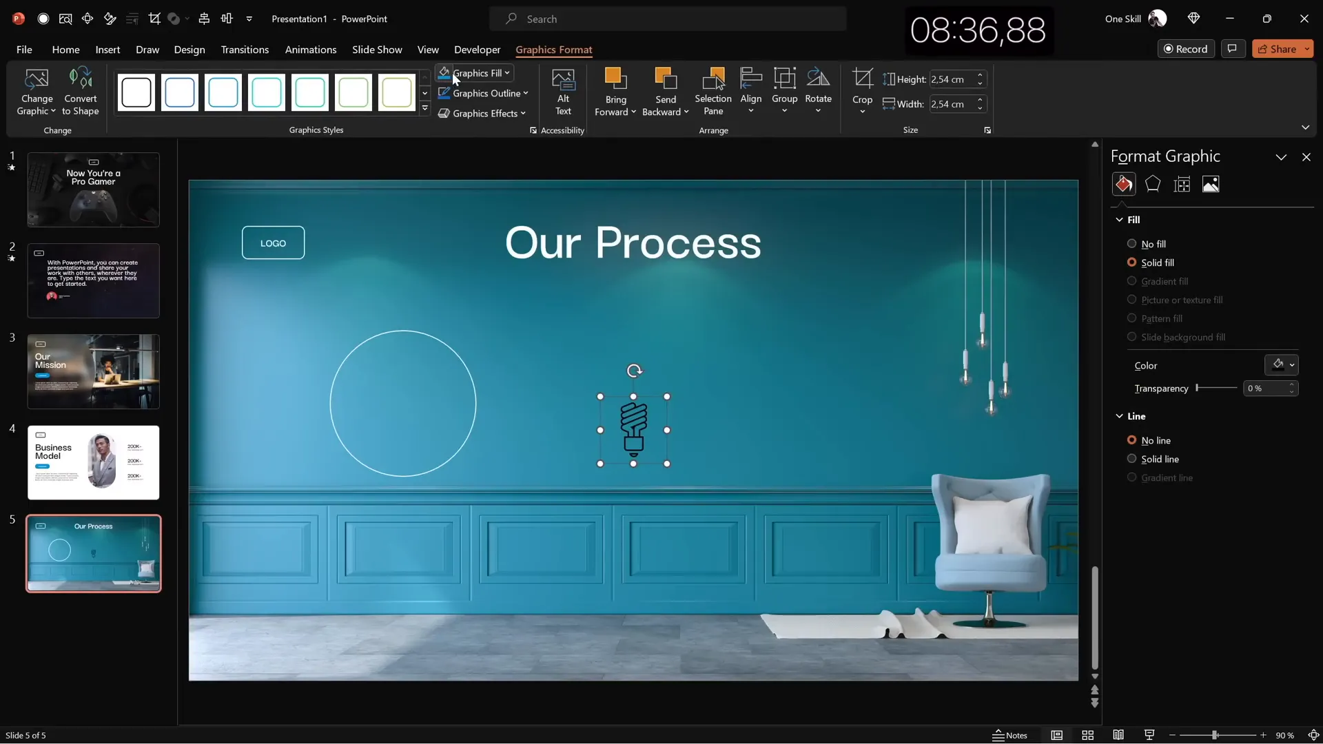 Process infographic slide with circles and icons
