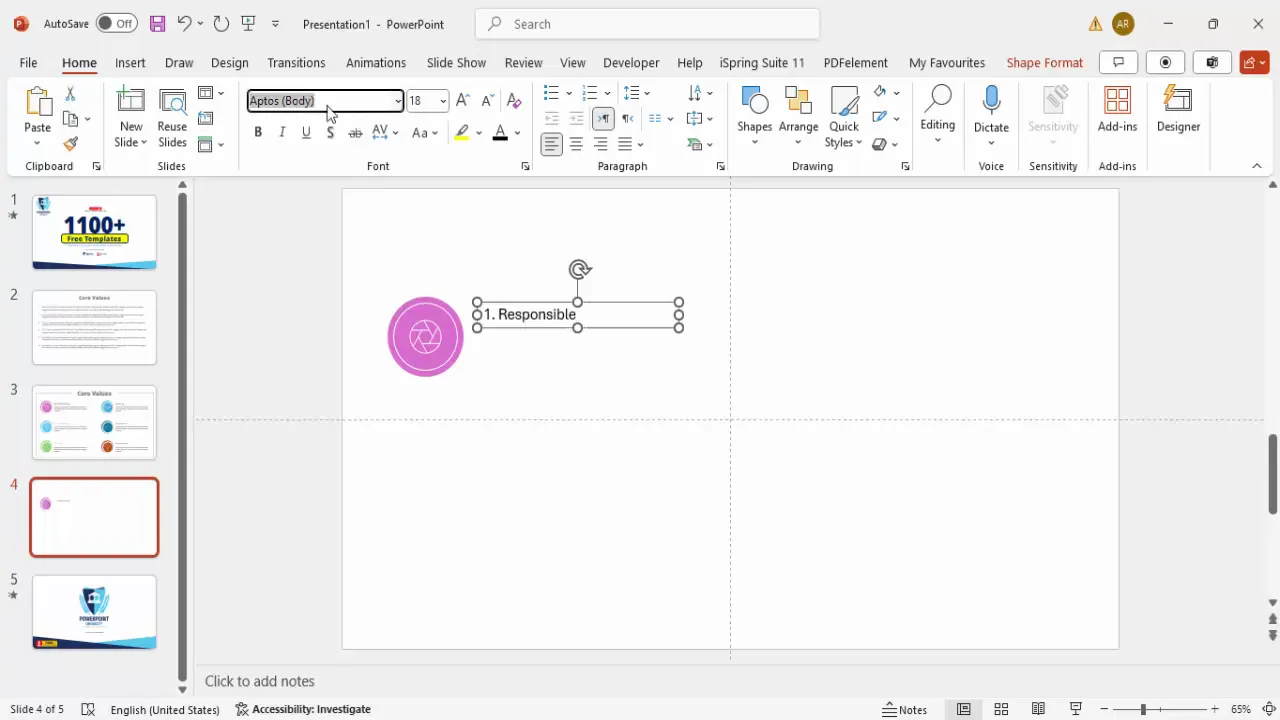 Text boxes with core value heading and description formatted