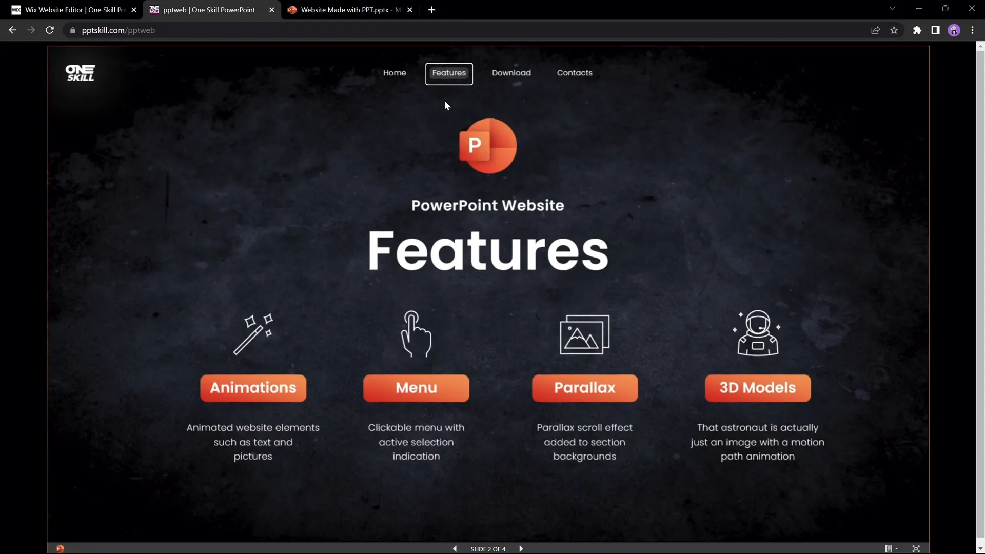 Preview of PowerPoint website with working menu and parallax animation