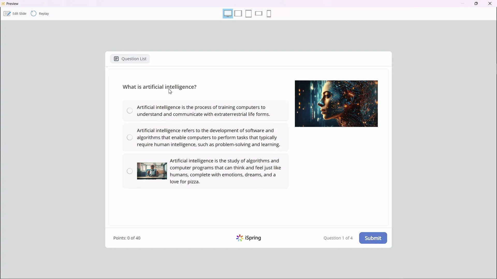 Multiple choice quiz question with images in iSpring Free plugin