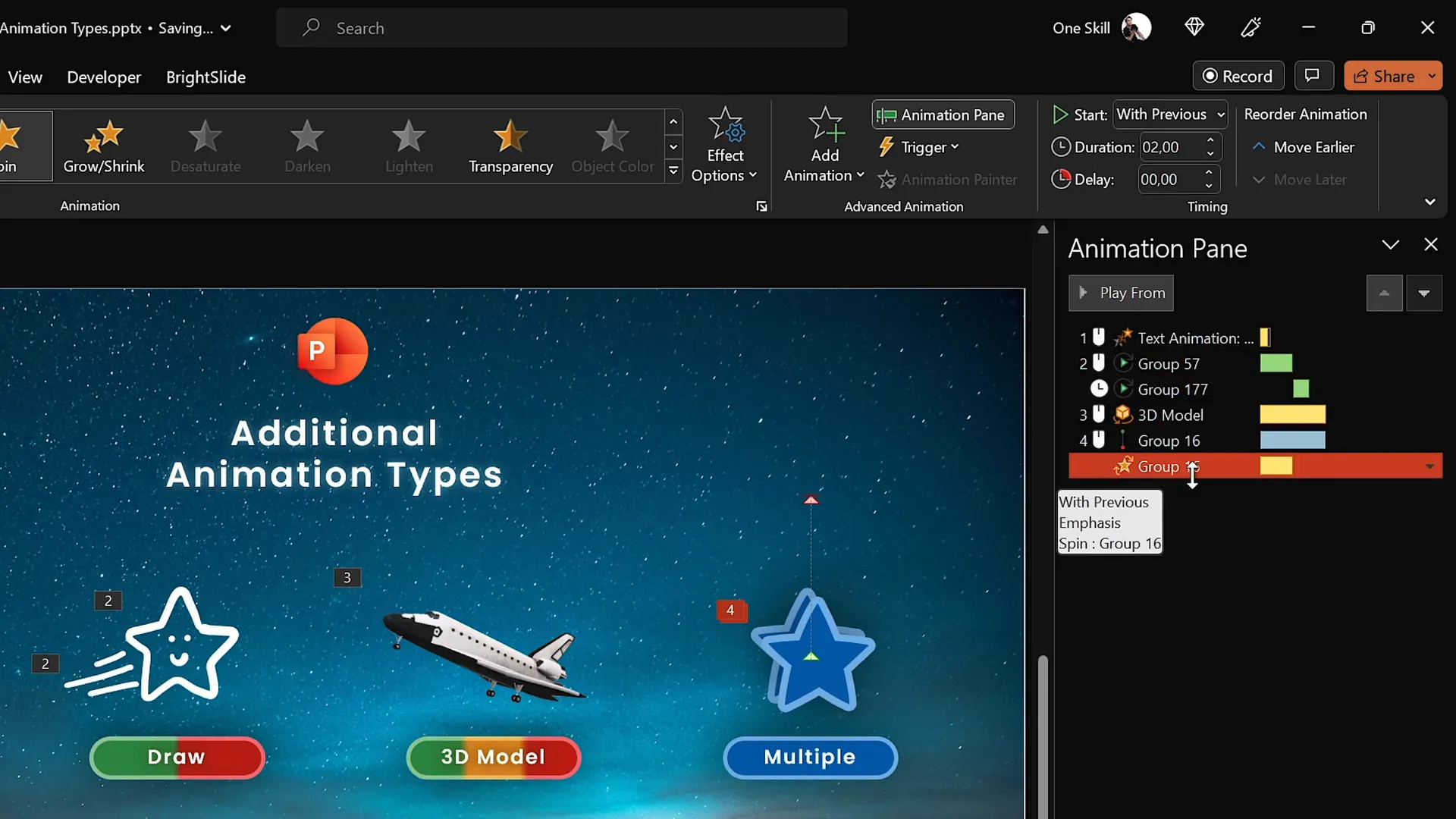 Animation pane showing synchronized motion path and spin animations