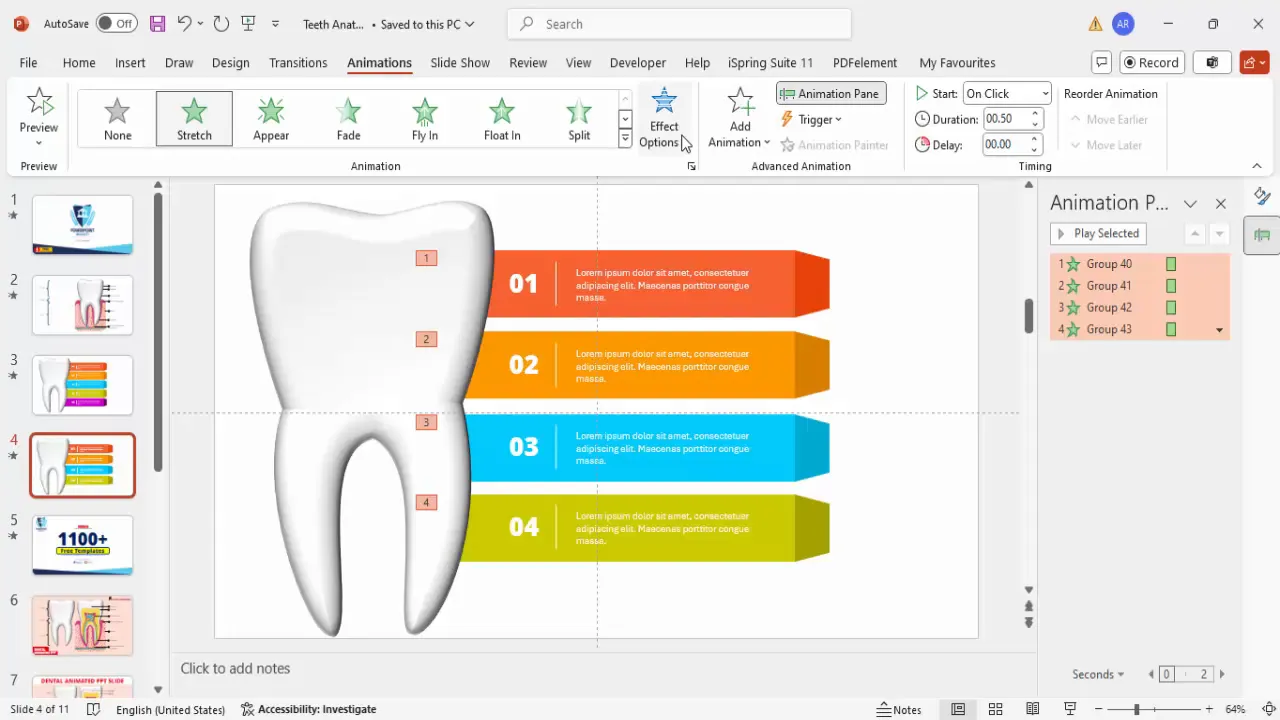 Animation pane showing stretch animations applied to infographic panels