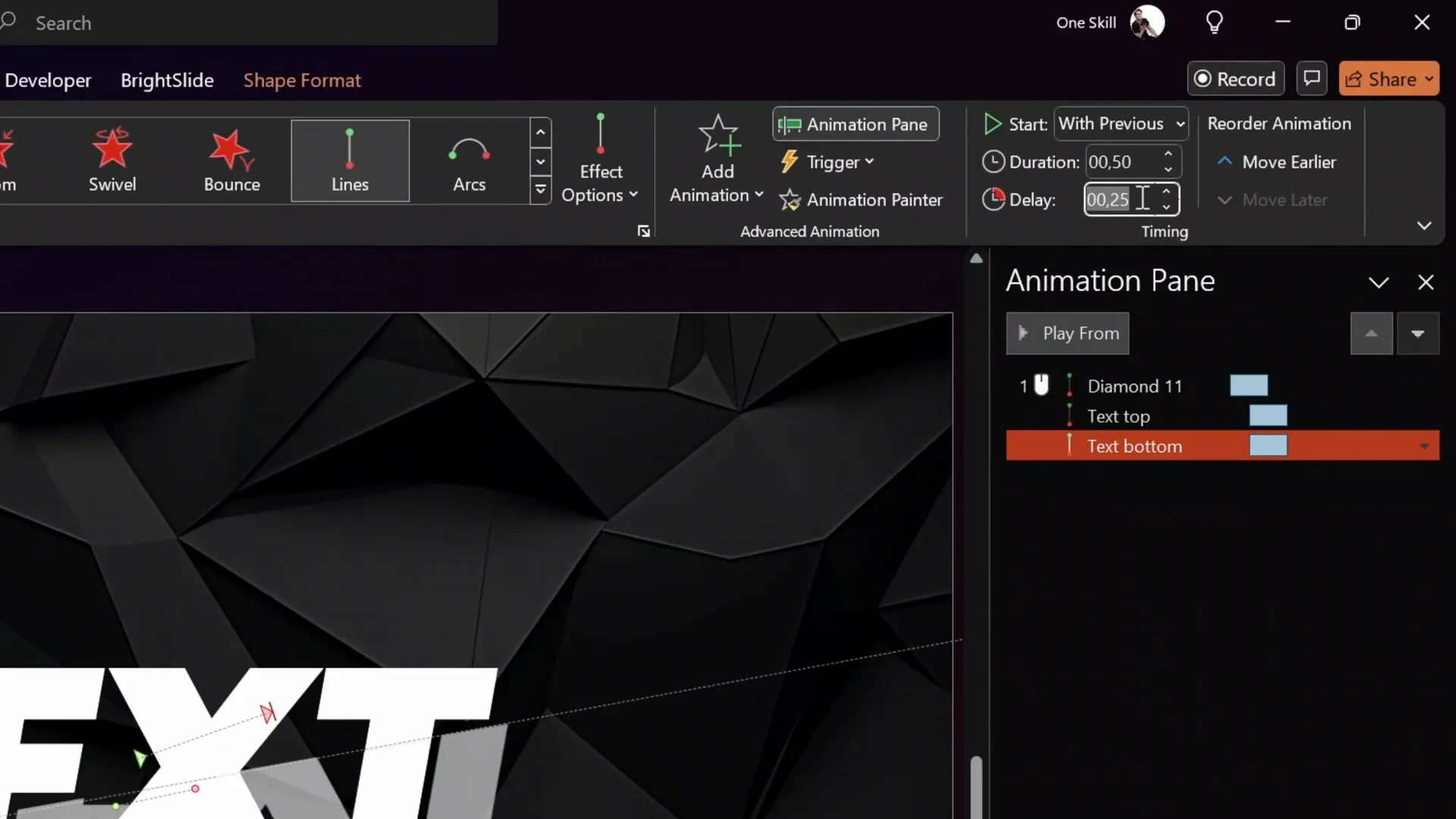 Motion path animations applied to top and bottom sliced text parts with delays