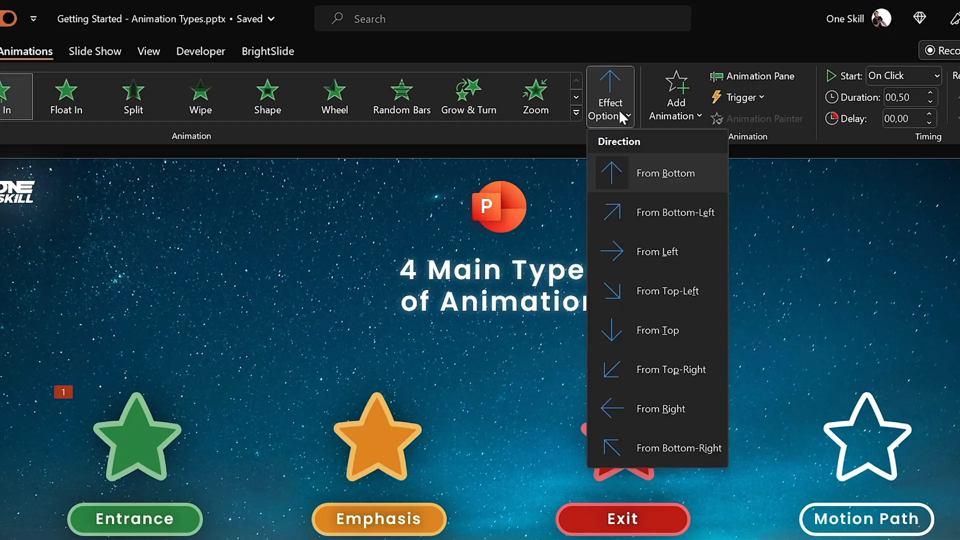 Flying animation options to select direction from top