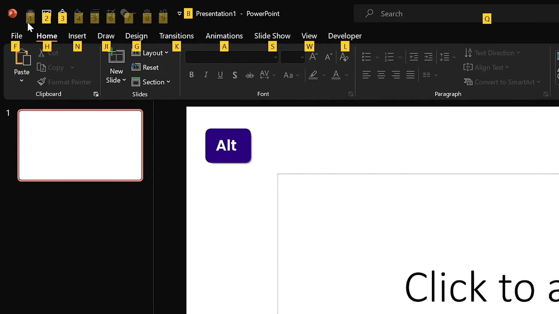 Using Alt key shortcuts to access quick access toolbar commands
