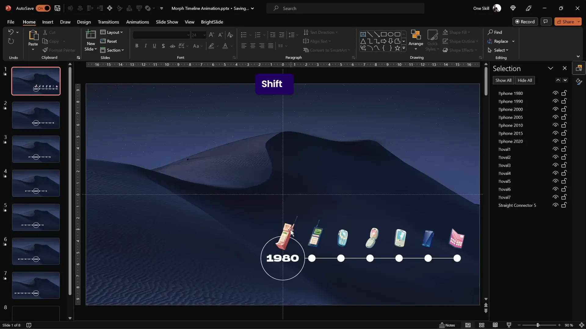 Phone illustrations arranged above timeline circles on PowerPoint slide