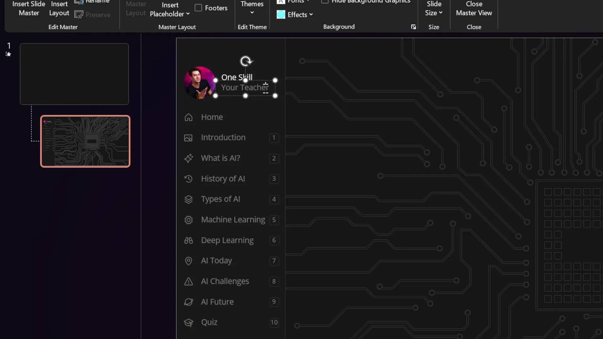 Sidebar design constructed with text boxes, icons, and section numbers in slide master