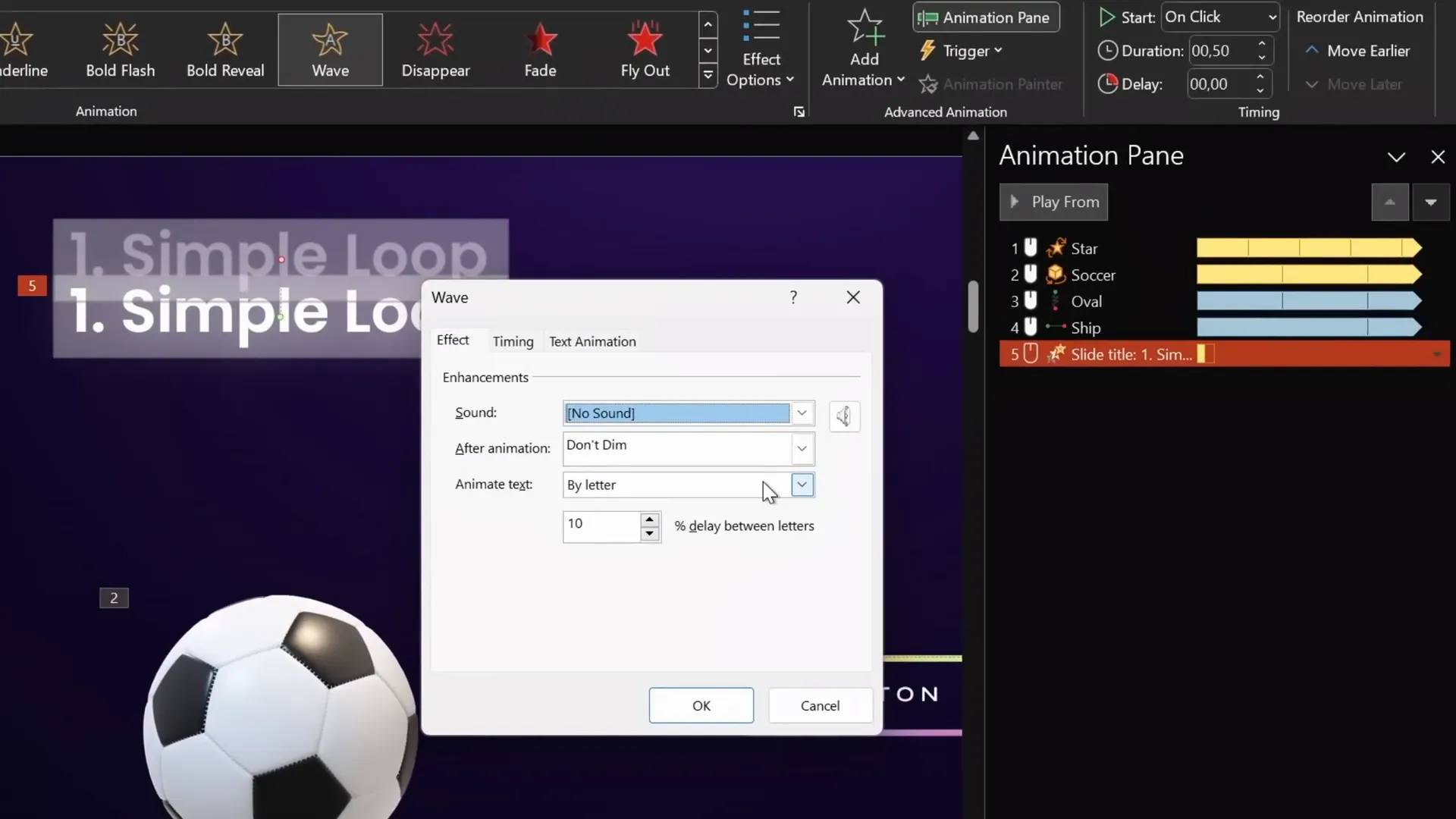 Text wave animation options in PowerPoint