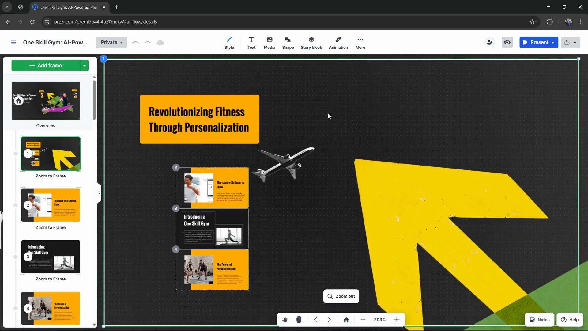 Prezi AI open canvas with frames and timeline