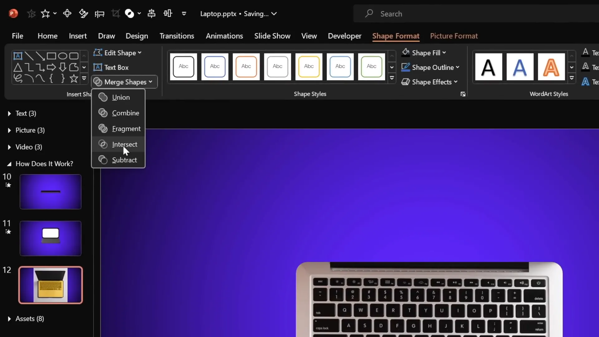 Using merge shapes to isolate keyboard from laptop photo
