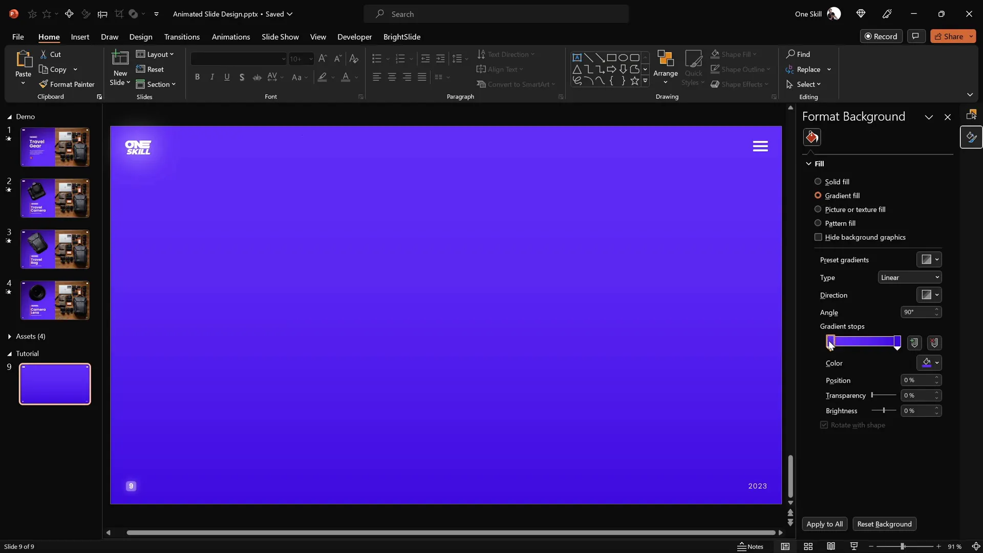 Applying a gradient background fill to the PowerPoint slide