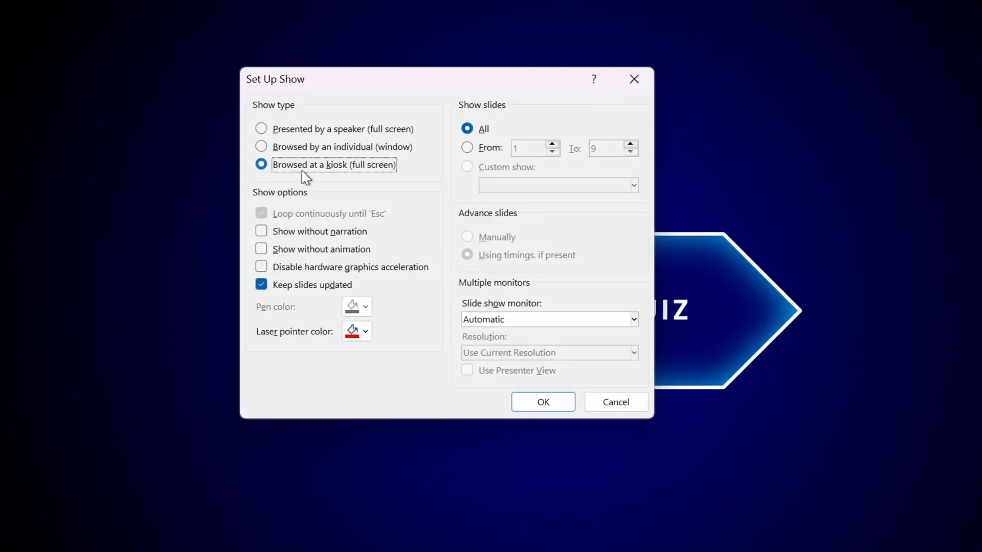PowerPoint setup slideshow dialog with kiosk mode selected