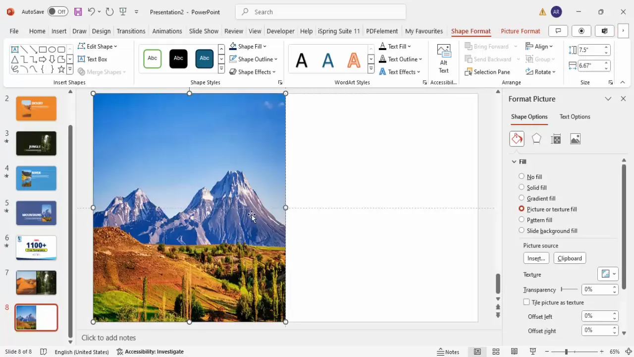 Insert rectangle shape and add background picture fill