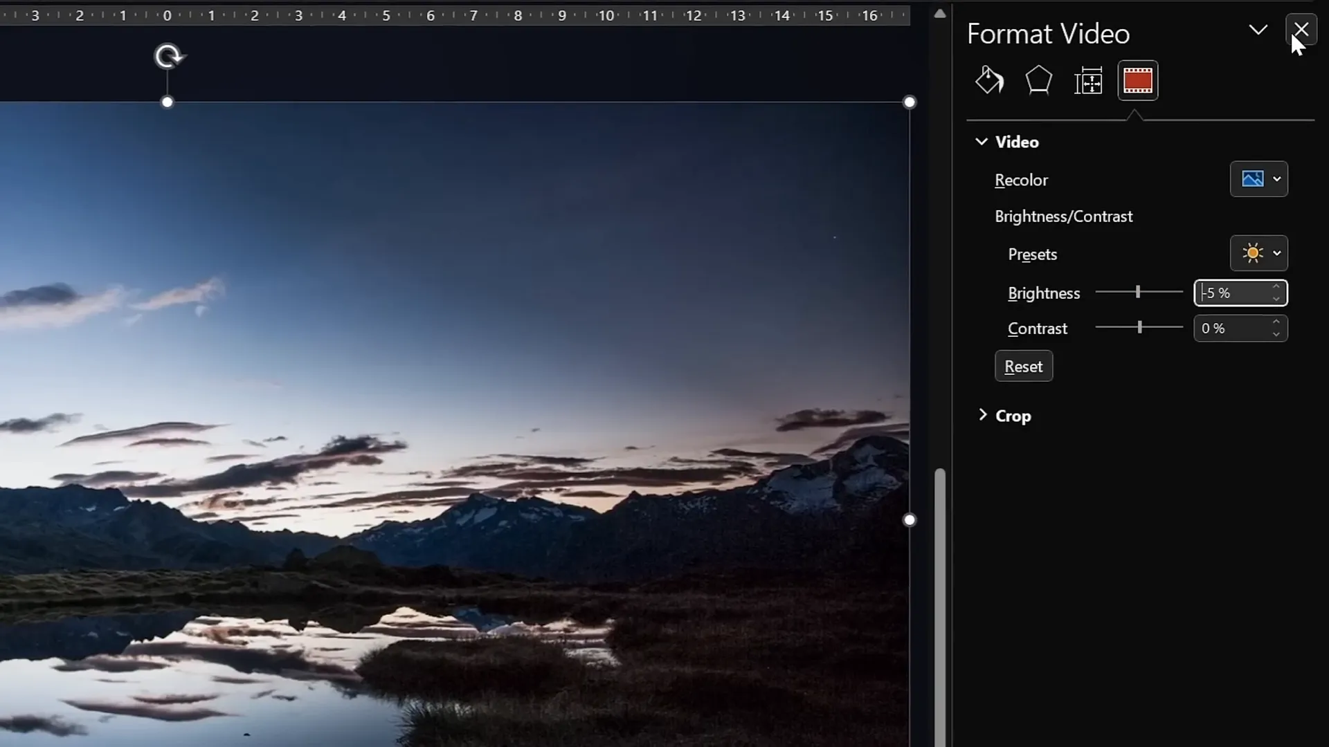 Video inserted and resized to full slide with brightness adjusted