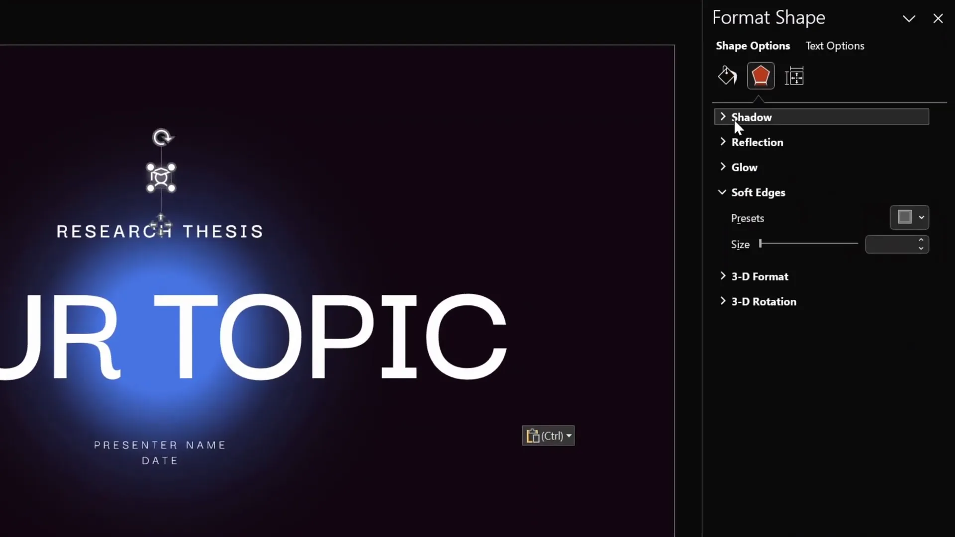 Text boxes and glowing icon with white shadow