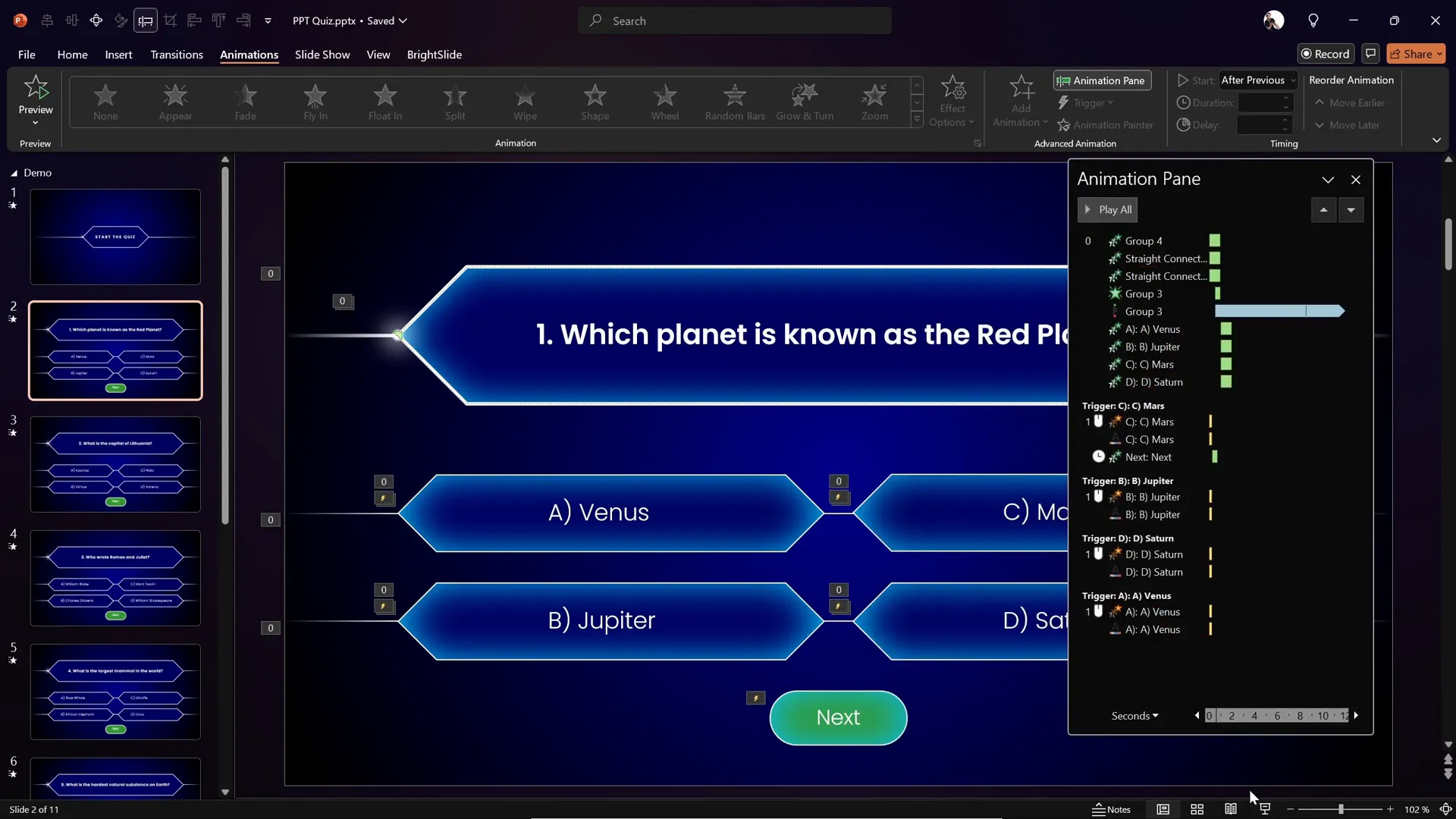 Example of animated quiz question elements entering the slide