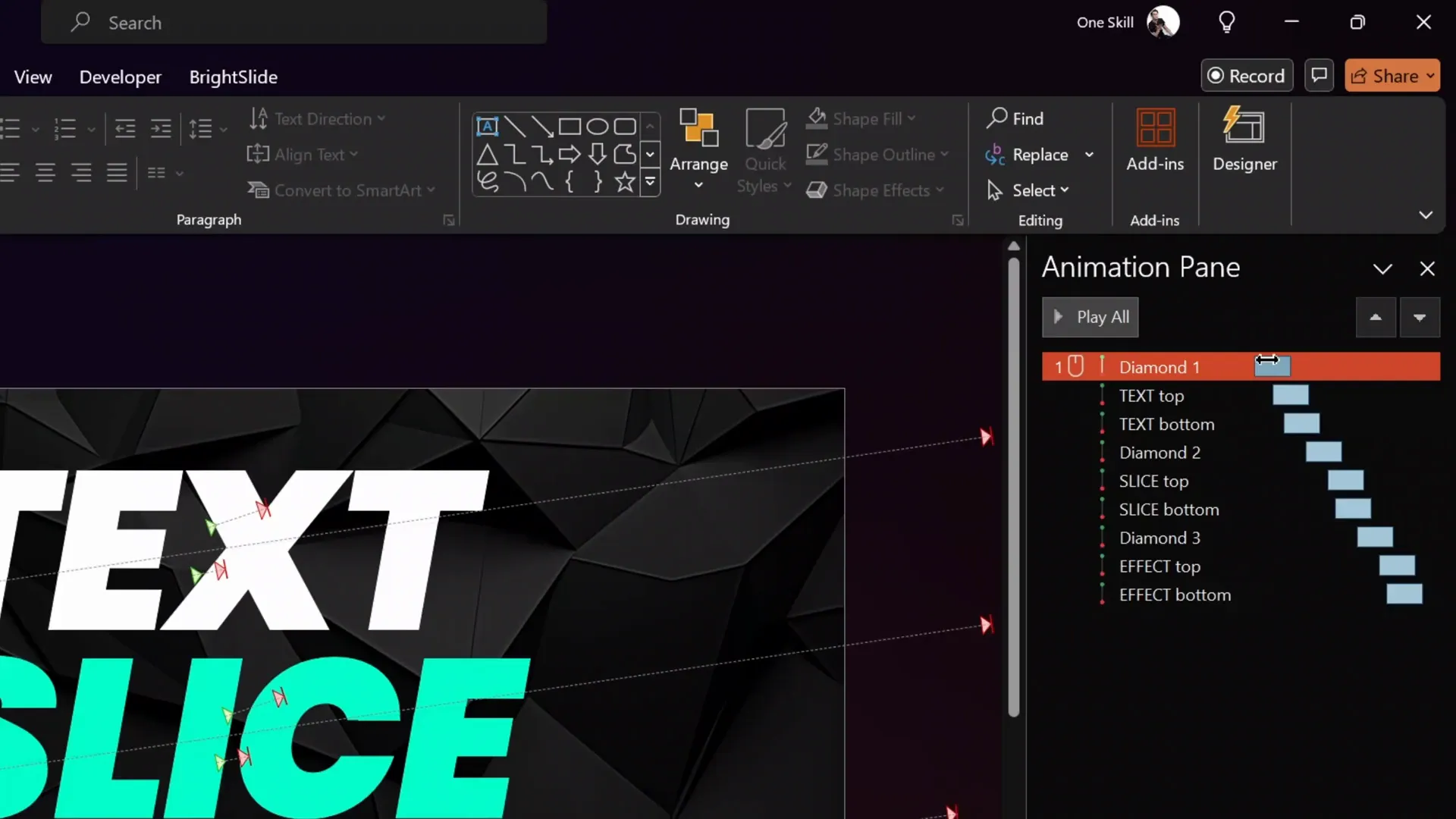 Multiple sliced text boxes with diamond shapes and staggered animations