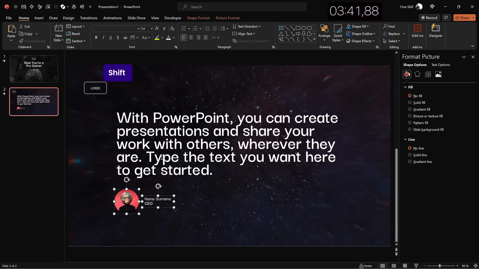 Slide with full-screen video background, centered quote text, and circular portrait photo with credit