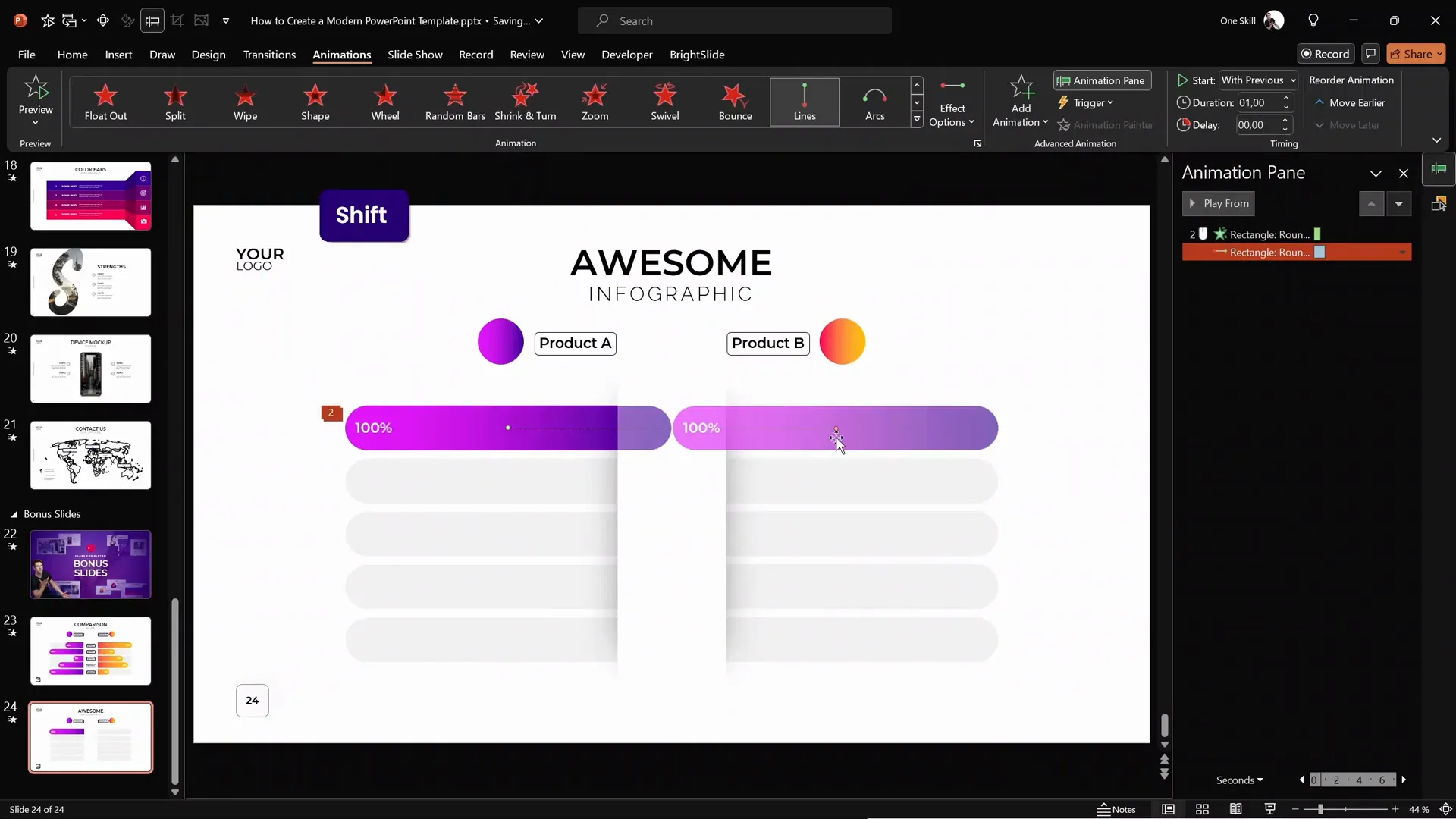 Purple sliding bar animated from the left side of the infographic