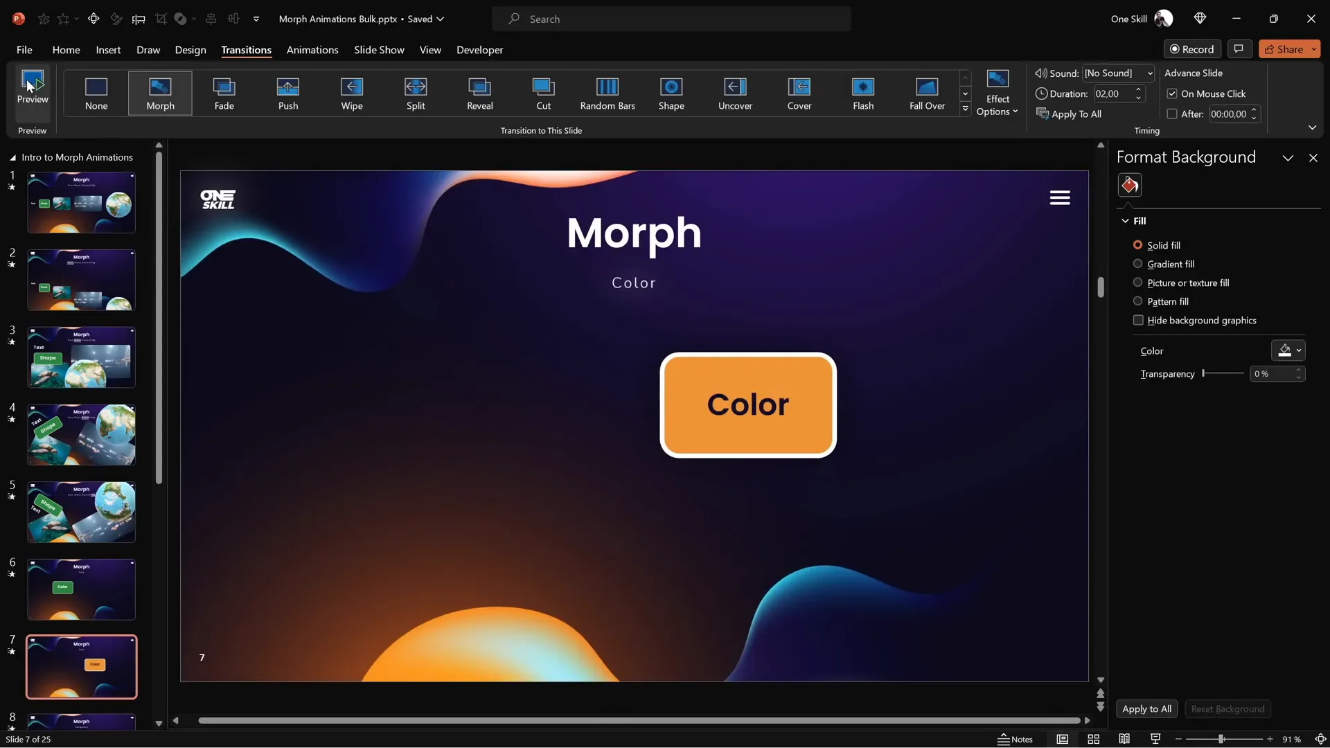 Shape morphing color from green to orange with morph transition