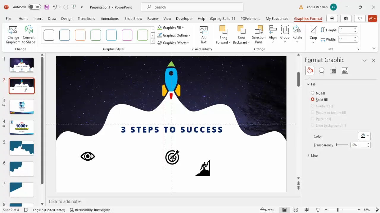 Three step icons (eye, goal, success) inserted and aligned