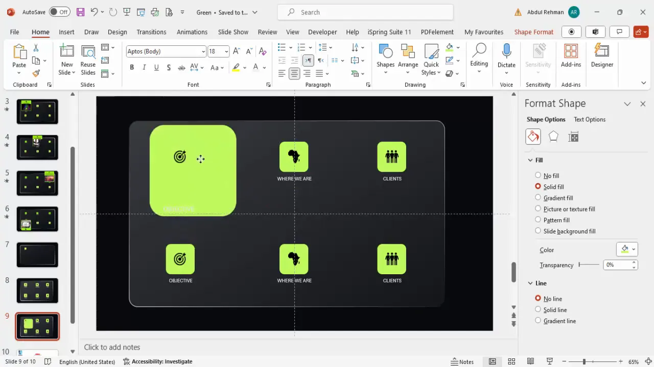 Duplicating slide and enlarging selected menu option