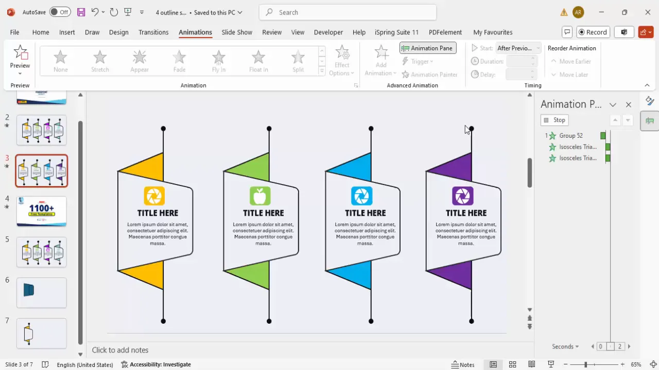 Animation pane showing stretch animations applied to infographic steps