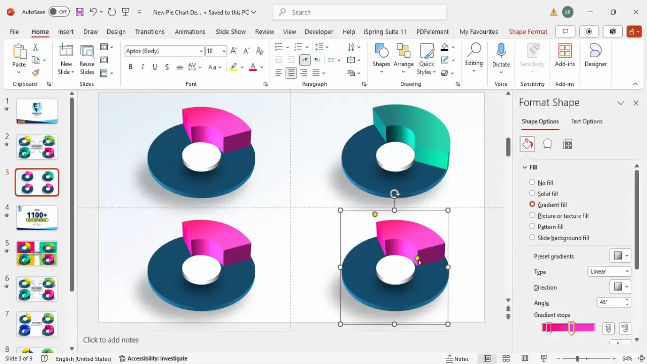 Multiple pie charts aligned with different colors and sizes